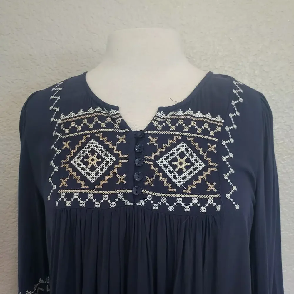 Monoreno Blue Embroidered Long Sleeve Tunic Dress Size M